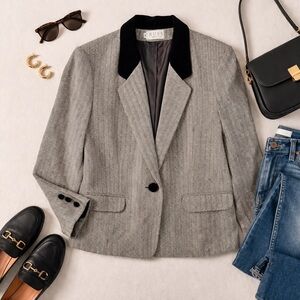 Vintage Academia Preppy Herringbone Blazer Velvet Collar Wool Russ Plus 16 A72